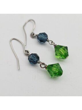 Crystal Bead Drop Earrings Green & Blue Faceted Beads Lightweight 1.25"
